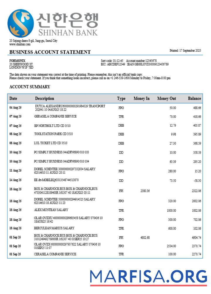 Blank South Korea Shinhan business checking account statement Word and PDF template